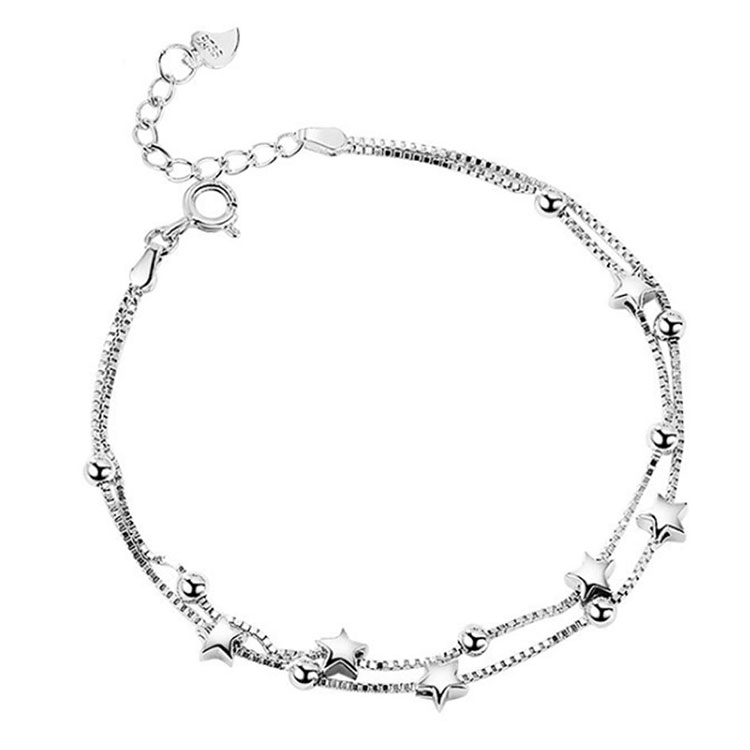 Korean Style Double Layer Beads Star Chain Link 925 Sterling Silver Bracelet